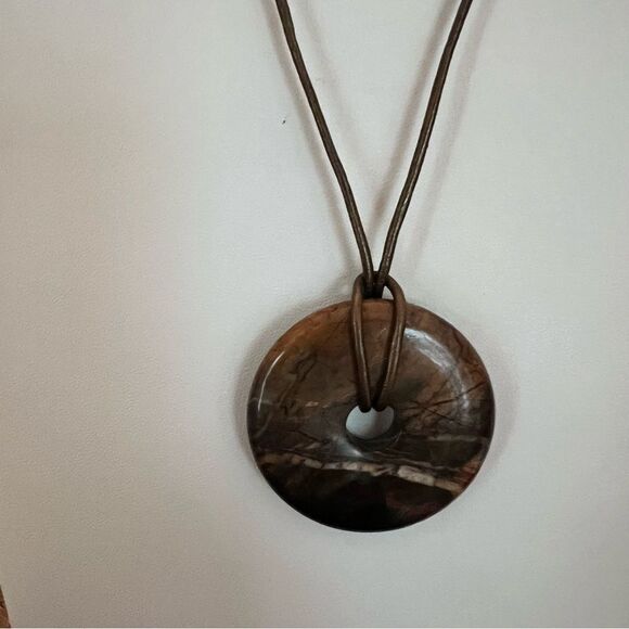 Semi Precious Stone Donut Pendant Necklace with Gold leather Cord - Picture 3 of 5